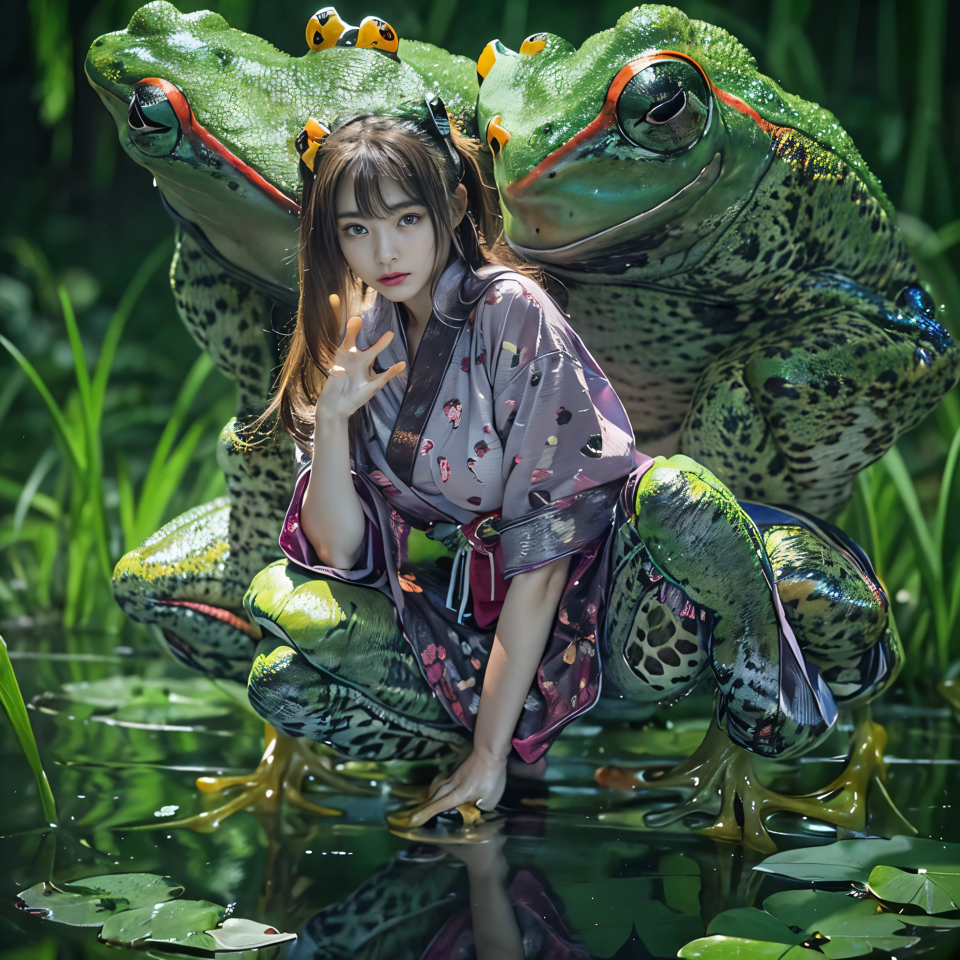 (highest quality、4k、8k、High resolution、masterpiece: 1.2)、Super detailed、(Real、Photorealistic、Photorealistic: 1.37)、Full Body Portrait、media: Fantasy、Horror、Dark Fantasy、Creatures、Hybrid Creatures、(Anatomically correct fingers: 1.4 )、(The upper body of a beautiful young woman)and((A hybrid creature with the lower body of a frog: 1.5))、(Squats with legs open:1.5)、Visualization of mythical creatures、yukata、At night in the swamp、Dark atmosphere、Dim color、Spooky lighting、looking at the camera