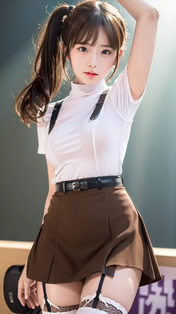 masterpiece、Flat Color、Depth of written boundary、Lens Flare 1 Girl、、Brown Hair、Staring at the audience　　　bulging big breasts　　　 　 Armpit sweat　sweating　両手のside　　wall: 　Black mini skirt　garter belt　　　　　　sight　　　Small face　bangs over eyes　side　　Mouse-colored eyes　　holster　　Belt cutter shirt