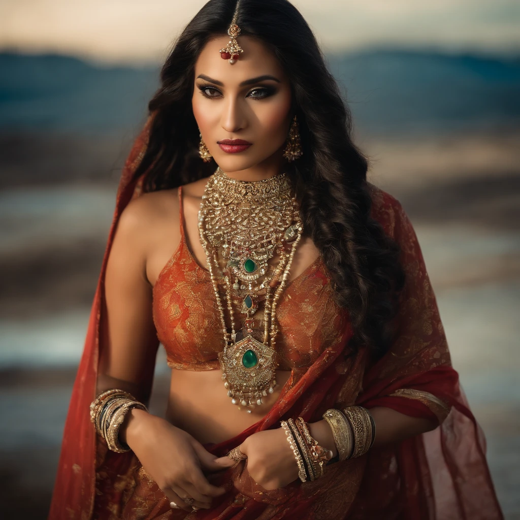 Color Photography with intricate details of an BEAUTIFUL BEAUTY OF A LADY, adorned with exotic Oriental JADE jewelry, Masterpiece, Bright, Beautiful Perfect face, soft skin, hour glass figure, Full-length view Wide-Angle, Best Quality, ultra-detailed, ultra realistic, Bright,highly polished, very long wild hair, a REAL MANEATER.
