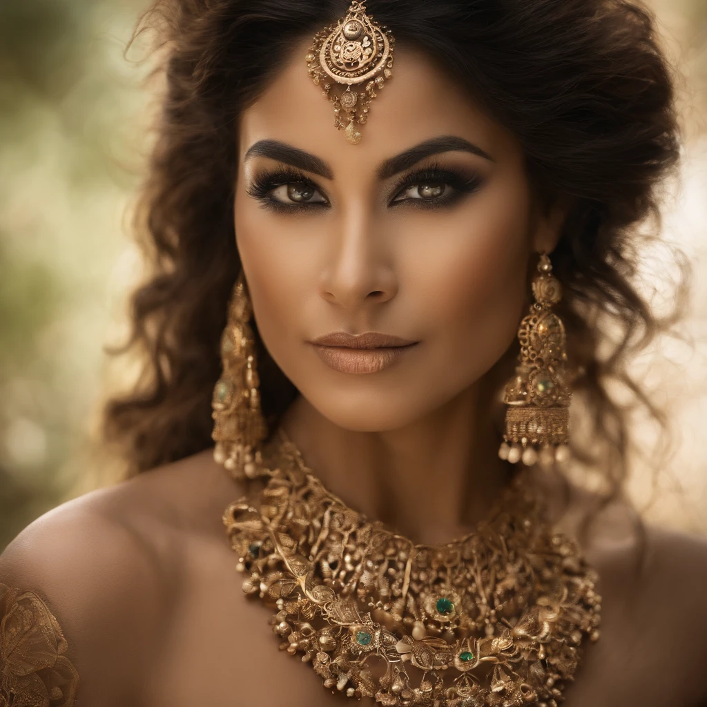 Color Photography with intricate details of an BEAUTIFUL BEAUTY OF A LADY, adorned with exotic Oriental JADE jewelry, Masterpiece, Bright, Beautiful Perfect face, soft skin, hour glass figure, Full-length view Wide-Angle, Best Quality, ultra-detailed, ultra realistic, Bright,highly polished, very long wild hair, a REAL MANEATER.