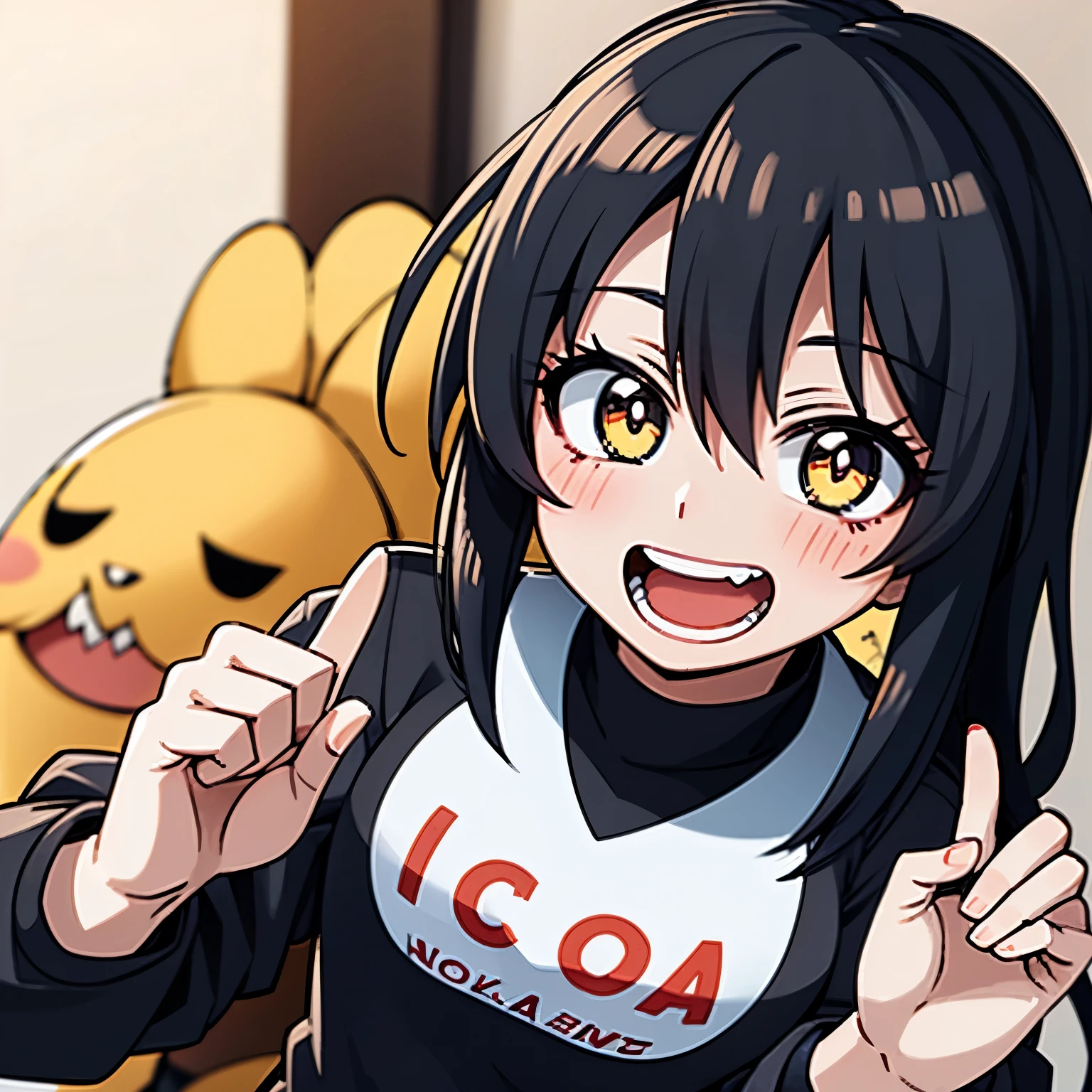 estilo anime Boku no Hero academia, chica de cabello Negro largo y ojos de color miel con el uniforme de la UA