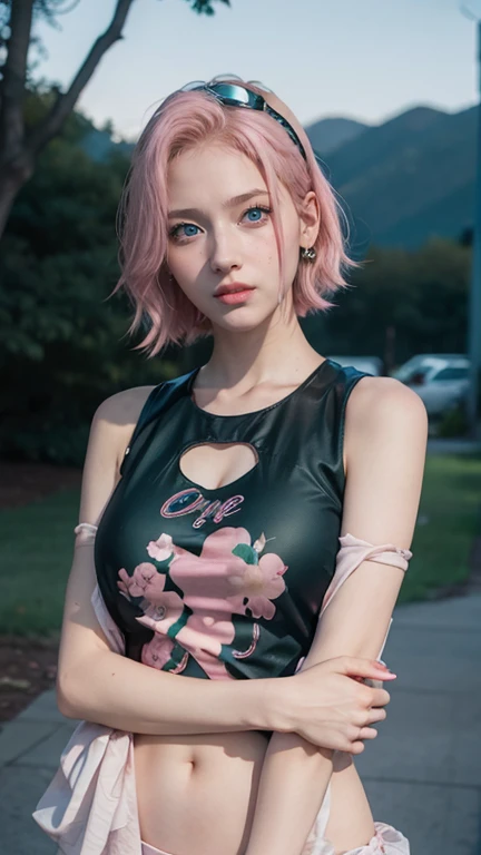 young woman, short shoulder-length pink hair, wide forehead, porcelain skin, pink eyebrows, big emerald green eyes, buttoned nose, full lips, heart-shaped face, slender body, small breasts, red tank top, Sakura Haruno , realistic, realism, details, 3d, well detailed