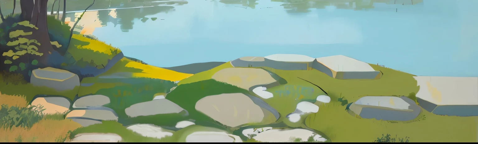 The background is a painting,The painting contains stones, grass and a pond, number景观艺术, Realistic Landscape, Painted landscapes, inspired by Etel Adnan, inspired by Fairfield Porter, number, a number, #1 number of all time, # 1 number of all time, Vulnerable. number, Digital oil painting, airy landscape