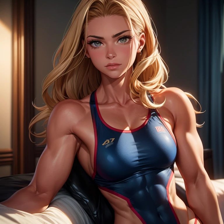 A Stunning Portrayal of a Muscular Female Character from MHA, adorned in a Star-Spangled Swimsuit, the Image Radiates High-Quality and Ultra-Realistic Detail. The Perfect Female Figure is Accentuated by the Tight Swimsuit, showcasing Well-Defined Muscles and a Sculpted Physique. Dramatic Shadows, Cast by the Spotlight, Highlight the Athletic Form and Creating a Majestic, Award-Winning Masterpiece. The Muscular Female Character's face is Beautifully Detailed, Boasting Exquisite Facial Features that Depict the Perfect Face. Her Skin is Gl