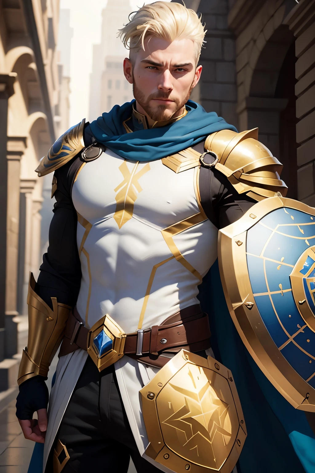 He holds a white and gold shield in his hand