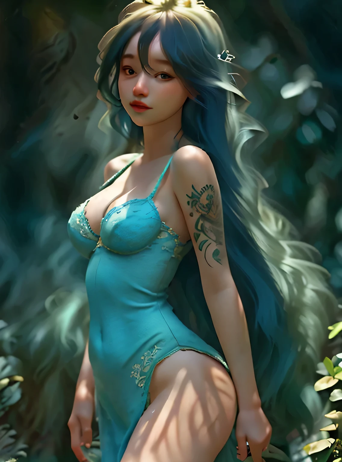 (best quality, ulra-detailed, realistic:1.37), suicidegirl, nsfw, garden, blue to green color transition, skin tight lingerie, seductive expression, tattoos, long flowing hair, natural sunlight, blurred background, sensual pose, subtle shadows, soft focus, provocative atmosphere, night time