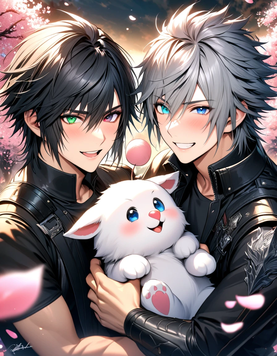 absurdres, highres, ultra detailed, HDR, masterpiece, Riku, spiky grey hair, heterochromia, left eye red, right eye blue, Final Fantasy xv, Noctis Lucis Caelum, black hair, expressive blue eyes, 2men together, gay couple, handsome, happy, holding a cute fluffy moogle, blossoms, pink petals, pink flowers