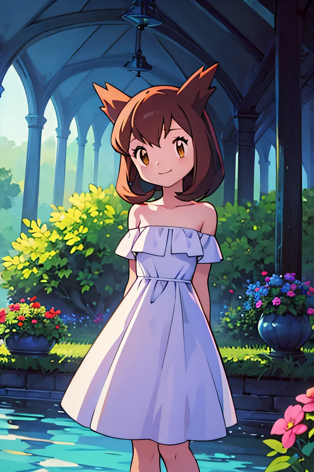 masterpiece, best quality, ultra-detailed, illustration, beautiful detailed eyes, very detailed illustration, cinematic lighting, 1 girl, solo, Pokemon Heroes (Bianca), Brown Hair, brown eyes, bare shoulders, strapless, off shoulders, white ruffle off the shoulder top, white maxi dress, intricate details, sharp focus, high resolution, the background of beautiful garden with a forest of flowers, at sunrise, smile, standing near a water pool on the bottom, arms behind back, anime style, ultra-detailed, hdr, far at the bottom, in the center, Close up