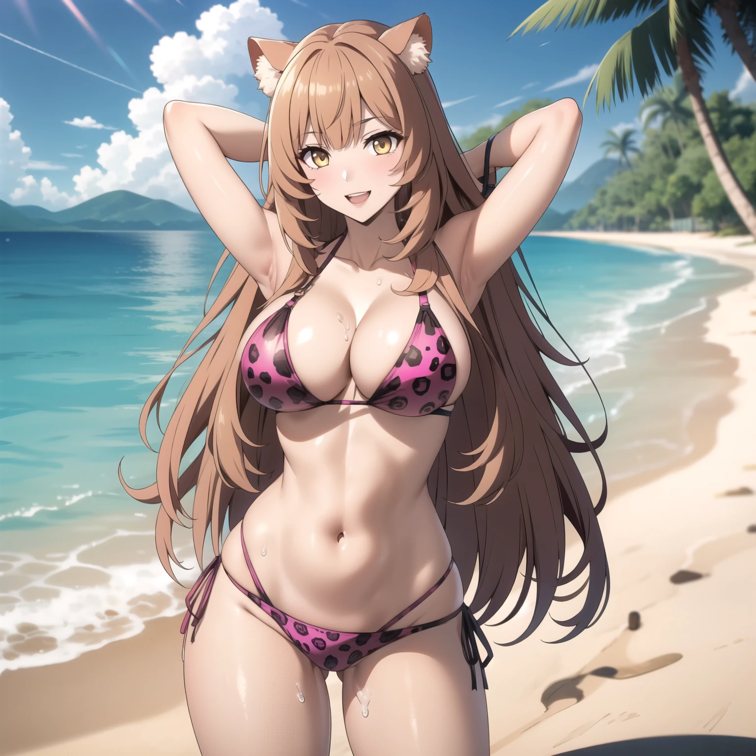 1 sola chica, Raphtalia. atractiva mujer. orejas de gato, cabello rubio-naranjo brillante, Amber yellow eyes, sonrisa juguetona mostrando los dientes, presumiendo su pecho, pale skin, pechos grandes, pink bikini with jaguar design. sexy, fondo una playa. mirada traviesa. gotas de agua en su pecho. hands behind head.