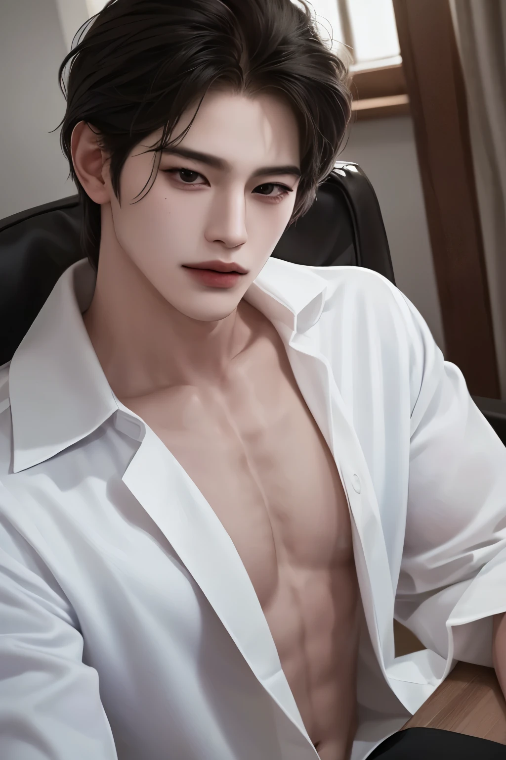 ((Best Quality, 8K, masterpiece: 1.3)), Handsome Korean man, (charming) 20-year-old man, (stylish) Korean-style long hair, (distinctive) sturdy face, (amiable) handsome nose, (detailed) eyes and face with beautiful lighting, professional studio setting, ultra-high resolution, visible to the audience, detailed mouth with thin lips, (warm) smile, whole body: 1.5, (athletic) perfect body figure: 1.5, picture of both shoulders: 1.3, wearing a White T-shirt and a casual Black coat: 1.5, accessories