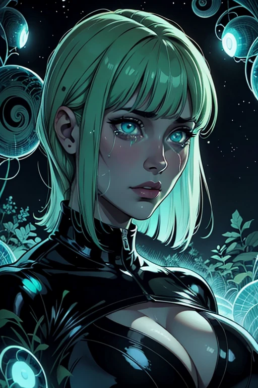 [por Junji Ito], paisagem de terror sombria, [sombras detalhadas], [veias], (floresta de cogumelos bioluminescentes), 1 garota, Gigantic cosmic eyes, shedding tears, fungo em espiral, HDR