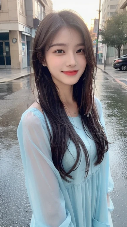 ((best quality, 8k, masterpiece:1.3)), The essential: 1.2, Perfect and cute 18-year-old school girl: 1.4, Hips: 1.2, (Layered Hairstyle,), (Wet clothes: 1.1), (rain, street:1.3), Chiffon Flower Fairy Dress: 1.1, Highly detailed face and skin texture, beautiful eyes, Double eyelids, skin whitening, Long hair, (shut up: 1.3), Smile