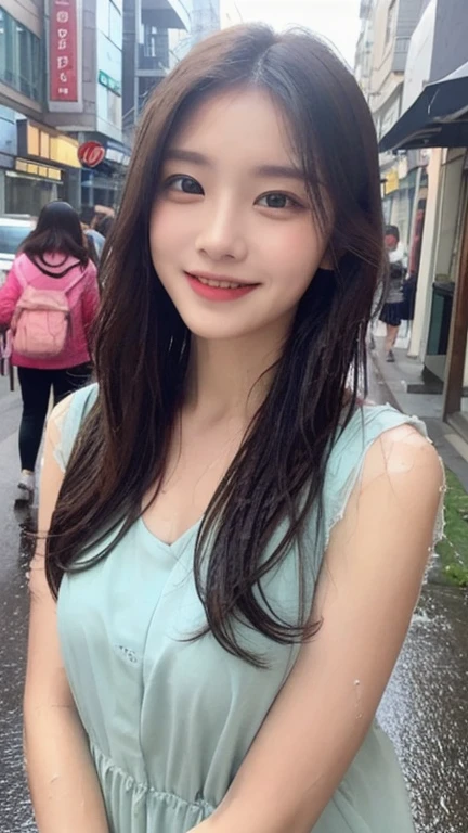 ((best quality, 8k, masterpiece:1.3)), The essential: 1.2, Perfect and cute 18-year-old school girl: 1.4, Hips: 1.2, (Layered Hairstyle,), (Wet clothes: 1.1), (rain, street:1.3), Chiffon Flower Fairy Dress: 1.1, Highly detailed face and skin texture, beautiful eyes, Double eyelids, skin whitening, Long hair, (shut up: 1.3), Smile