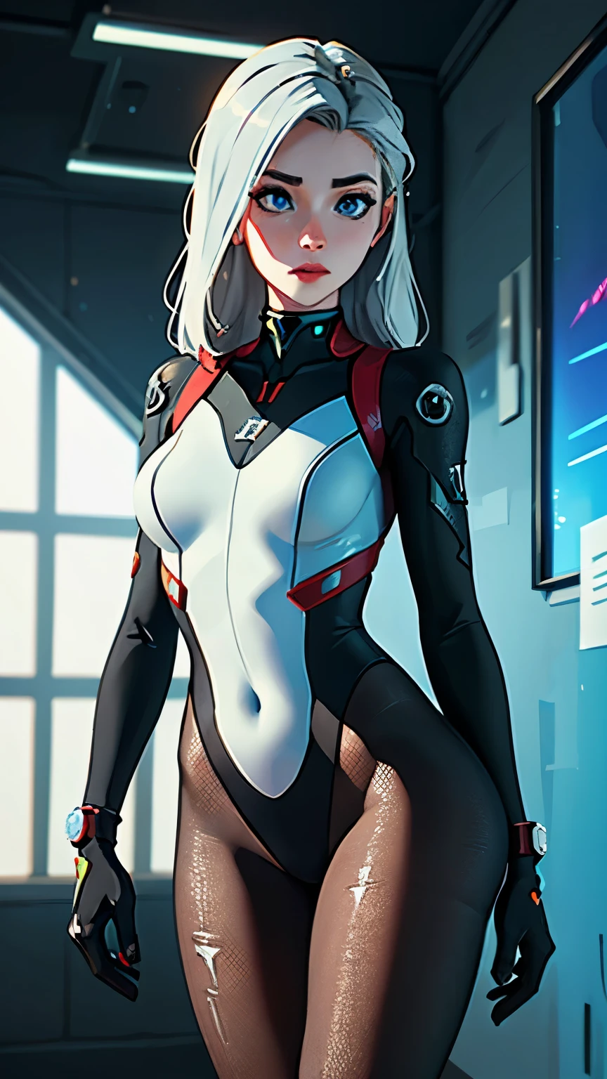 (((Young White Woman))), ((Best Quality)), ((Masterpiece)), (Detail: 1.4), 3D, A Beautiful Cyberpunk Woman with Simon Bisley-style micro thong, Genesis evangelion neon style clothing, 2-piece clothing, Long silver hair, arm tatoo, cybernetic hands, pastel, Centered, scale to fit the dimensions, nffsw (High dynamic range),Ray tracing,NVIDIA RTX,Hyper-Resolution,Unreal 5,Subsurface Dispersion, PBR Texture, Post-processing, Anisotropy Filtering, depth of fields, Maximum clarity and sharpness, Multilayer textures, Albedo and specular maps, Surface Shading, accurate simulation of light and material interactions, Perfect proportions, Octane Render, Two-tone lighting, Wide aperture, Low ISO, White Balance, thirds rule, 8K Raw, Crysisnanosuit,loraeyes,nijistyle,pantyhose,Blue eyes