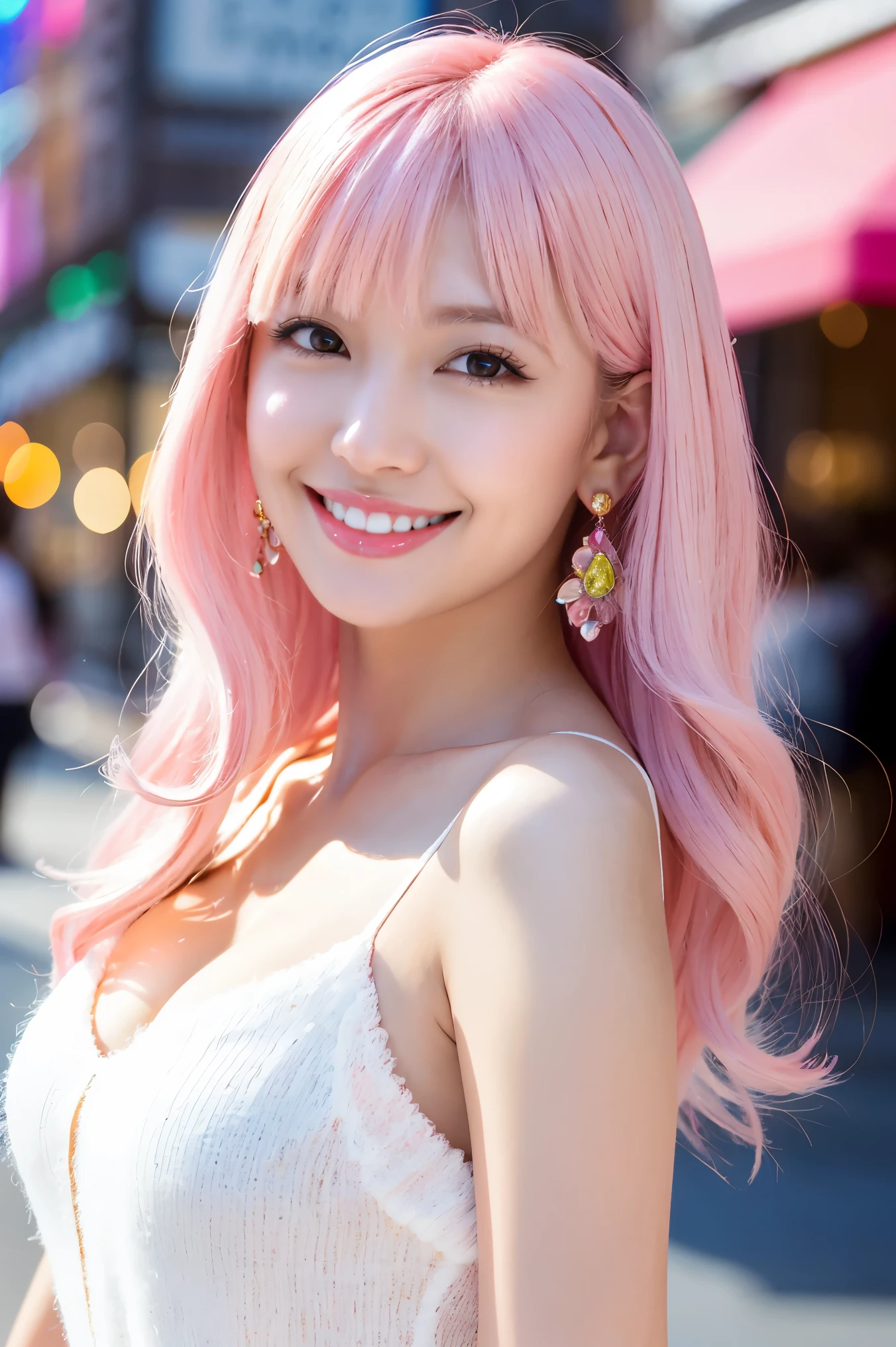 (Tabletop、highest quality、8k、Award-winning works、Ultra-high resolution)、One beautiful woman、(The perfect fluffy white V-neck long sleeve knit:1.3)、(golden and pink hair:1.2)、Bright color contacts、Perfect Makeup、Bright and shiny lipstick、(Very heavy makeup:1.1)、(Pink Eyeshadow:1.1)、Large Breasts、(Voluptuous body:1.1)、Heavy makeup around the eyes、(Face close-up:1.2)、Very long wavy hair、The best smile you ever had when you saw me、(Accentuate your body lines:1.1)、(Strongly blurred vibrant Harajuku streetscape background:1.1)、(Strongly blurred background:1.1)、Accurate anatomy、Ultra HD Hair、(Ultra-high resolutionの完璧な美しい歯:1.1)、Ultra-high definition beauty face、Ultra HD Hair、Ultra HD Shining Eyes、輝くUltra-high resolutionの美肌、Ultra-high resolutionの艶やかな唇