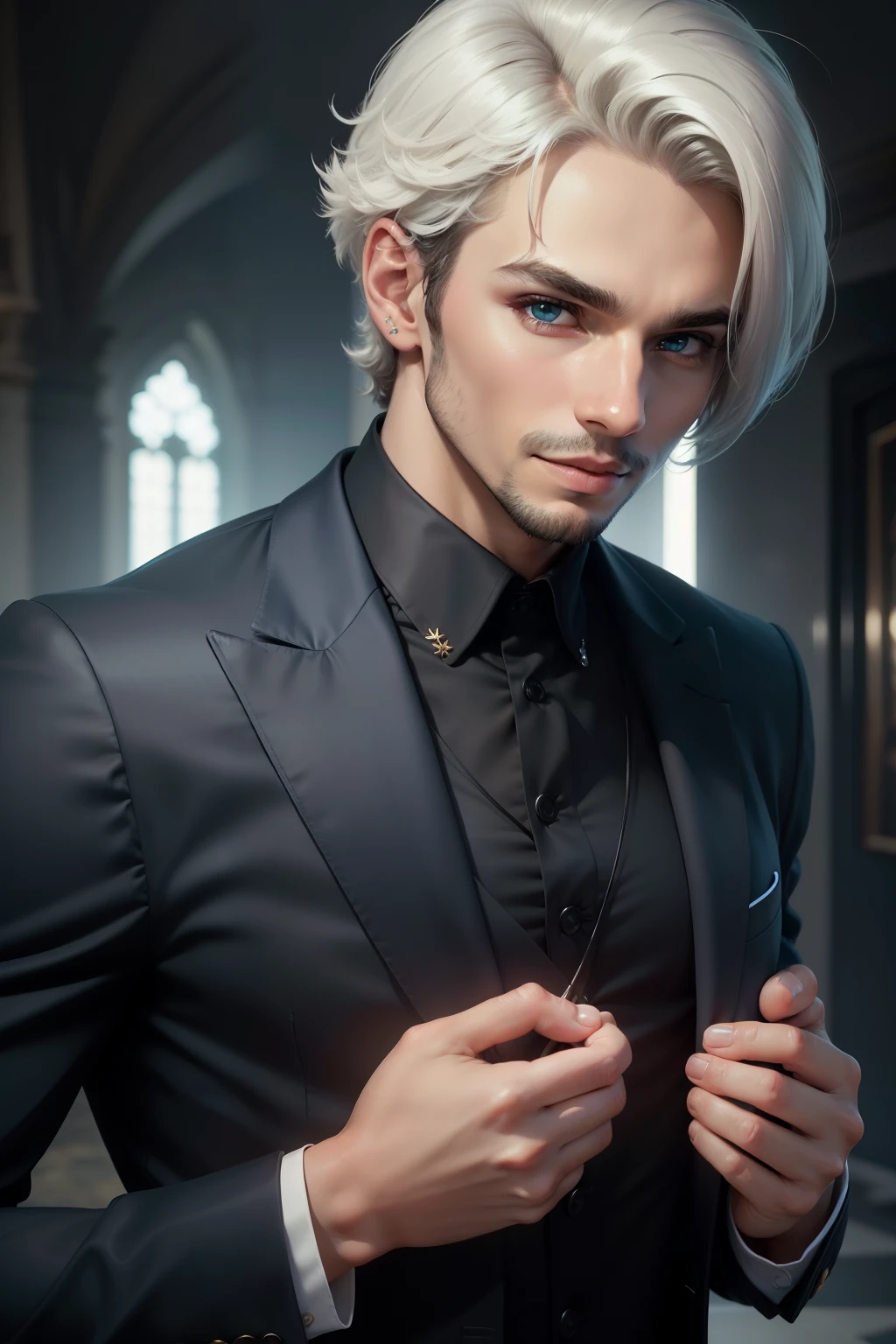 ((melhor qualidade, 8k, obra-prima)), Close-up, Cara bonito com corpo perfeito,cabelo loiro,olhos de cor azul,De terno preto,sorria