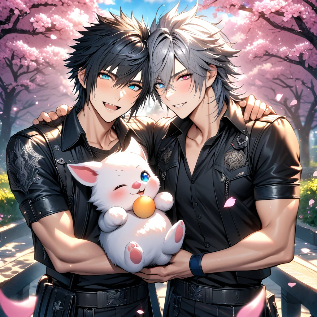 absurdres, highres, ultra detailed, HDR, masterpiece, Riku, spiky grey hair, heterochromia, left eye red, right eye blue, Final Fantasy xv, Noctis Lucis Caelum, black hair, expressive blue eyes, 2men together, gay couple, handsome, happy, holding a cute fluffy moogle, blossoms, pink petals, pink flowers
