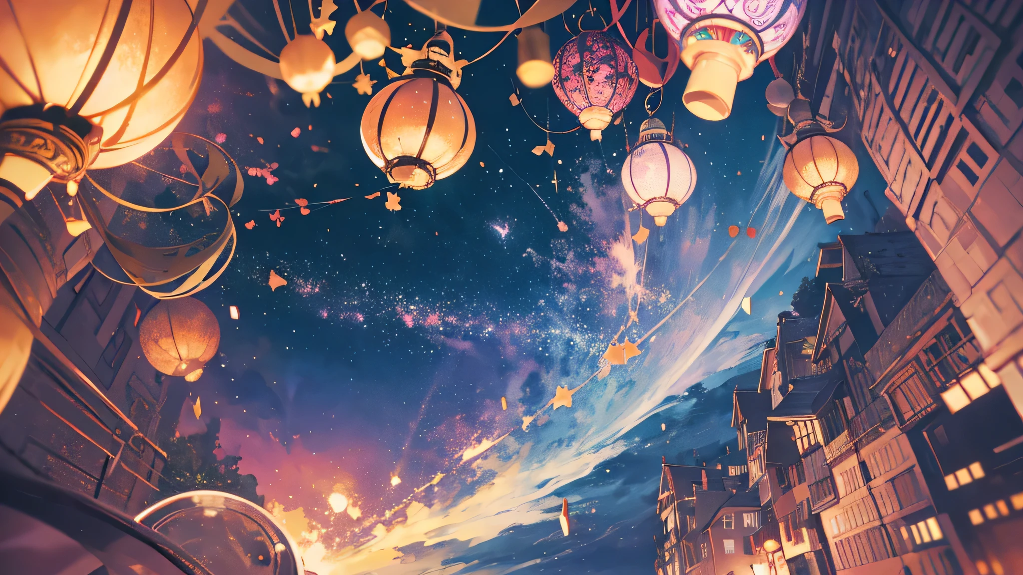 Created an illustration of countless wind chimes floating in the night sky. The sound of wind chimes, In a variety of colors, It emits a fascinating glow reminiscent of a starry sky.. On the ground, The overall theme must be fantastical and complex., Capturing the essence of nostalgia. I aim to create high-quality illustrations that convey a fantastical and nostalgic atmosphere..