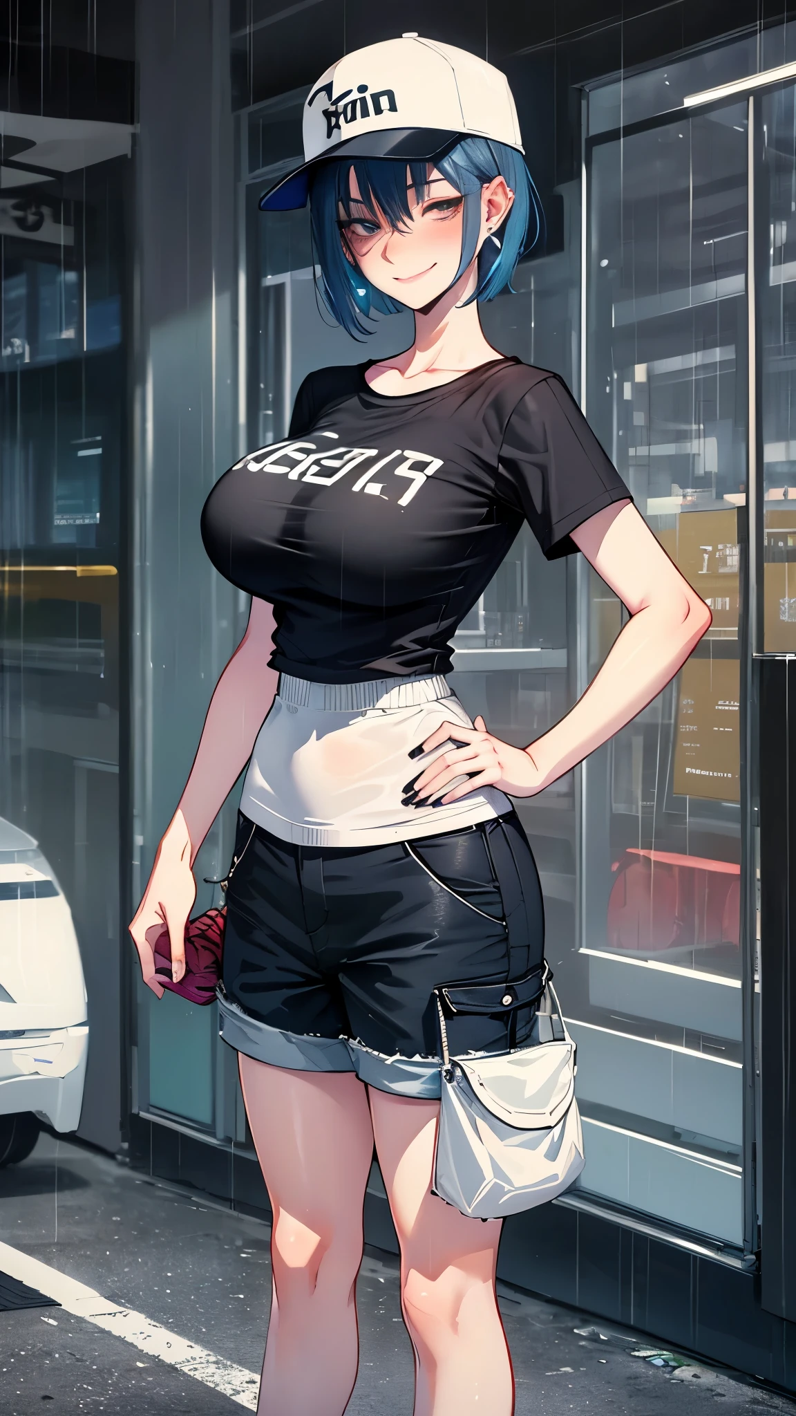 super resolution,
(realistic:1.3),
(1 slim girl), stylish girl, fashion,
young face, blush, (evil smile),
(slim) thigh, (((Big Breasts))),
baseball cap, earrings,
(black t-shirt), (baggy cargo short pants),
gravure,
Rainy streets