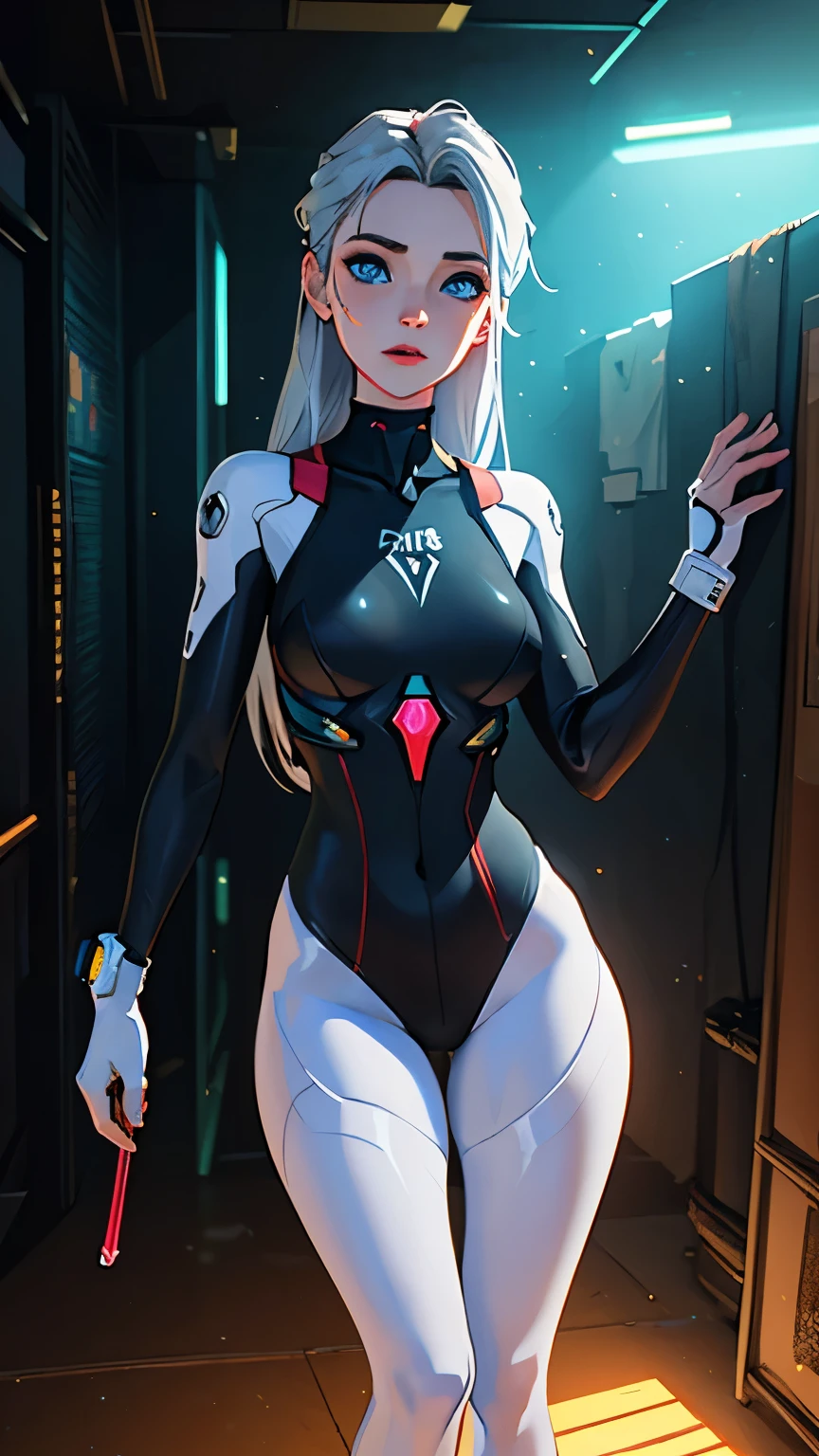 (((Young White Woman))), ((Best Quality)), ((Masterpiece)), (Detail: 1.4), 3D, A Beautiful Cyberpunk Woman with Simon Bisley-style micro thong, Genesis evangelion neon style clothing, 2-piece clothing, Long silver hair, arm tatoo, cybernetic hands, pastel, Centered, scale to fit the dimensions, nffsw (High dynamic range),Ray tracing,NVIDIA RTX,Hyper-Resolution,Unreal 5,Subsurface Dispersion, PBR Texture, Post-processing, Anisotropy Filtering, depth of fields, Maximum clarity and sharpness, Multilayer textures, Albedo and specular maps, Surface Shading, accurate simulation of light and material interactions, Perfect proportions, Octane Render, Two-tone lighting, Wide aperture, Low ISO, White Balance, thirds rule, 8K Raw, Crysisnanosuit,loraeyes,nijistyle,pantyhose,Blue eyes