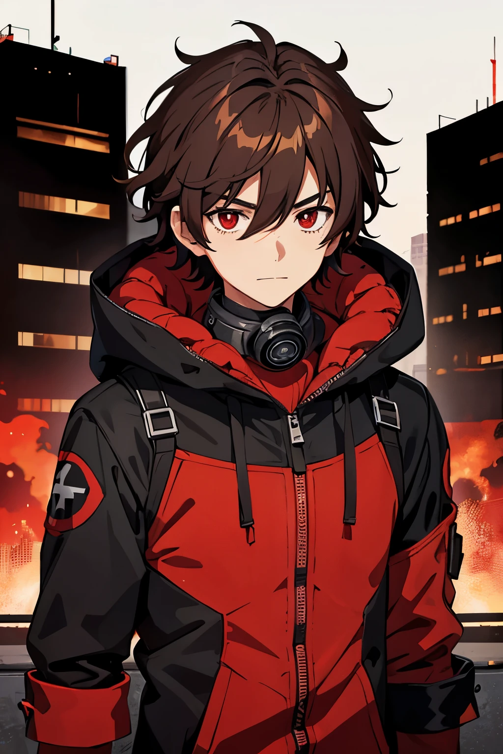  Male, Short Frizzy Dark Brown Hair for men, Red Eye, Gas Mask, Black & Red Jumpsuit with Spike Shoulders, Shibuya City Theme Background, Happy Emotion mood, Anime, Masterpiece.