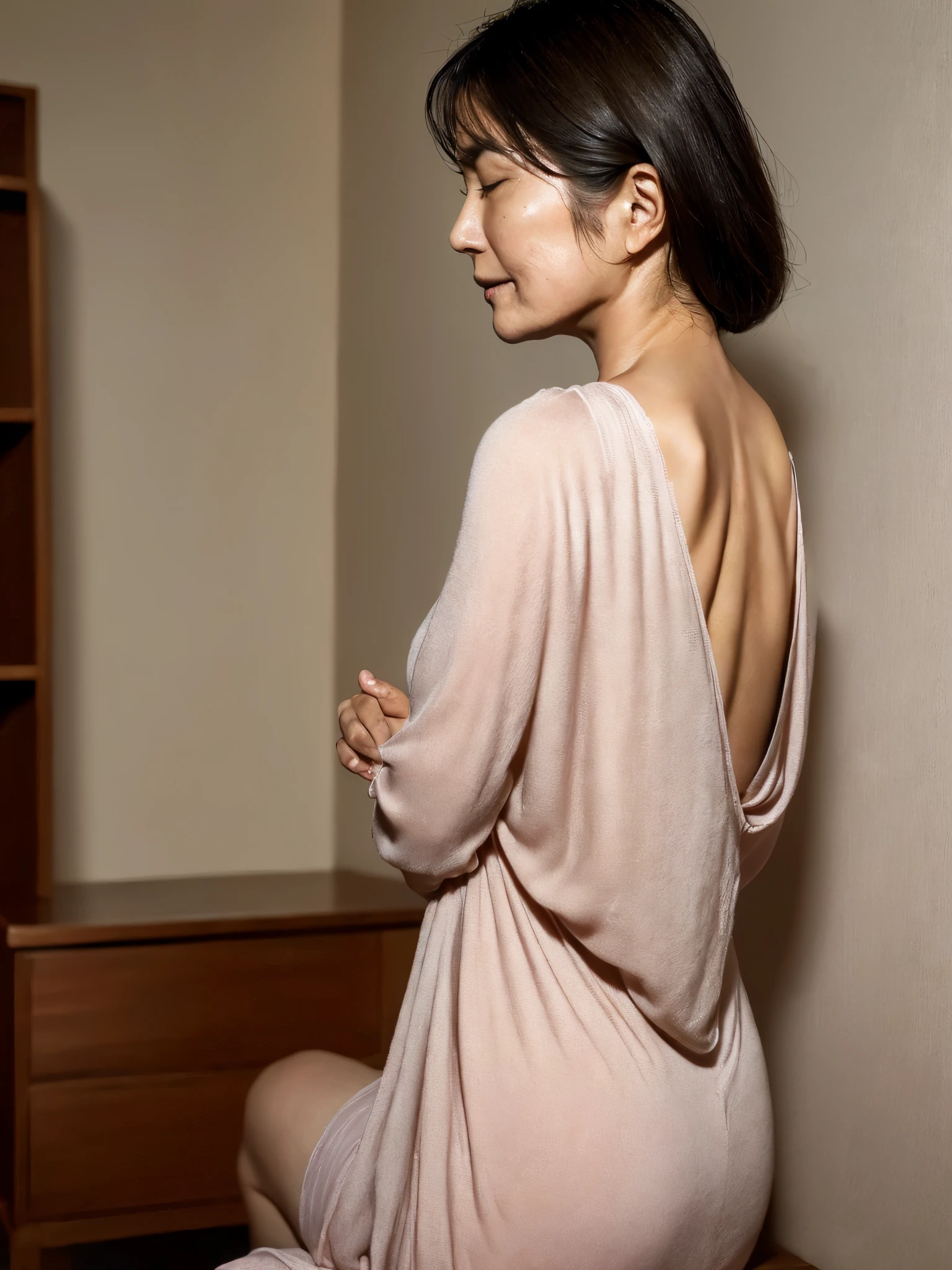 ((highest quality)), ((8K)), ((masterpiece: 1.3)), (Perfect appearance), (Photorealism: 1.6), (Bedroom: 1.2), (sitting in front of the dresser: 1.2), (後ろ髪を掻き上げうなじを見せるJapanese Mature), (He has his elbow raised and is using his fingers to push the hair off the other side of his face.: 1.4), (comb: 1.2), (Back view), (Angle from diagonally behind: 1.4), (Portrait from chest up: 1.4), (60 years old, Japanese Mature), ((Realistic skin texture)), (Fine lines all over the skin), (Dull skin), (Facial wrinkles), (Wrinkles around the eyes), double eyelid, Tear bags under the eyelids, (Without looking back, her face was slightly lowered: 1.2), (A sad expression: 1.2), (Eyes closed: 1.2), (Scraped up hair: 1.2), (A little bit of loose hair left at the nape of the neck), (Showing the nape: 1.6), (Nightgown: 1.2),
