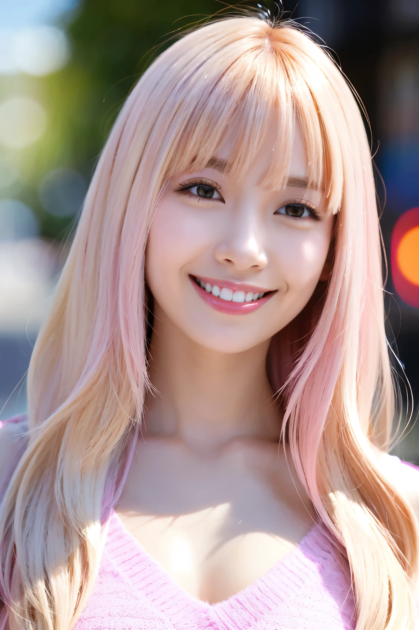 (Tabletop、highest quality、8k、Award-winning works、Ultra-high resolution)、One beautiful woman、(Perfect fluffy furry white V-neck knit:1.3)、(Pink blonde hair:1.2)、Bright color contacts、Perfect Makeup、Bright and shiny lipstick、(Very heavy makeup:1.1)、(Pink eyeshadow:1.1)、Heavy makeup around the eyes、(Face close-up:1.2)、Very long wavy hair、The best smile you ever had when you saw me、(Accentuate your body lines:1.1)、(Strongly blurred vibrant Harajuku street background:1.1)、(Strongly blurred background:1.1)、Accurate anatomy、Ultra HD Hair、(Ultra-high resolutionの完璧な美しい歯:1.1)、Ultra-high definition beauty face、Ultra HD Hair、Ultra-high definition sparkling eyes、輝くUltra-high resolutionの美肌、Ultra-high resolutionの艶やかな唇