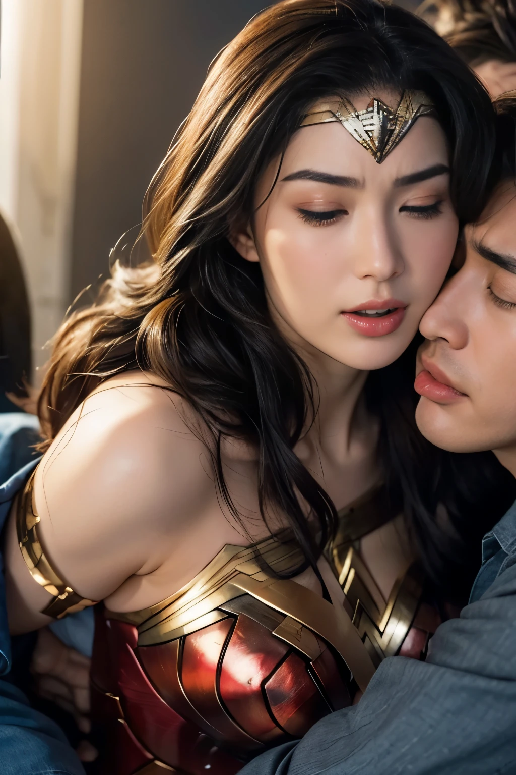 私はWonder Womanです、完璧なWonder Womanの衣装,Kneel,押しDefeated,Defeated,A man mounts me,Face grabbed、Hug from the front,Hugged,Being strangled,You can hold it，Leaning on the man，Hugged，Can be lifted，Men lick my face with their tongues,The guys lick my head with their tongues,Men lick my hair with their tongues,My body is licked by men,sleeping face,Close ~ eyes,Open your mouth,Tired face,Face of Suffering,sleeping face,Being slapped in the face,Getting punched in the face,Fighting with men,Fight with the men,Surrounded by men,,Caught between the men,Being held back by men,Entanglement with males, Attacked by men,Brown Hair,  masterpiece、beautiful girl、fine 目、y eyes、highest quality, 超High resolution, (reality: 1.4), Cinema Lighting,so beautiful、Beautiful Skin、(超reality的な)、(High resolution)、(8k)、(Very detailed)、(beautiful and fine 目)、(Very detailed)、 Detailed face、Diagonal bangle hair、Brown Hair、20-year-old、Wonder Womanのコスプレ，Wonder Woman