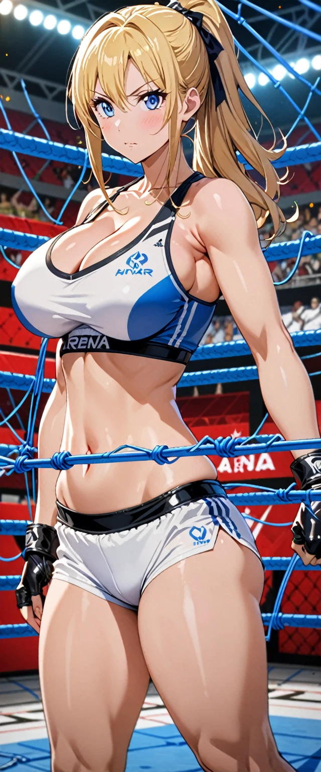((masterpiece)), ((high quality)), ((super detailed)), ((high resolution)) ,((8k)), a beautiful woman, ((She is one of the most famous female Gravure idol in the world.)), unparalleled beauty, ((huge breast)), ((large ass)), ((deep cleavage)), slim waist, chest out, ultra detailed face, perfect skin, (((Half-up hairstyle, Blonde Ponytail hair))), blue eyes, detailed eyes, whole body image, (((anime))), ((glamorous)), 22 years old, ((incredibly beautiful woman)), ((The H cup bust)), (((Sports Bra, Sports shorts))), ((beautiful breasts)), beautiful legs, 8 life size, anime, the most beautiful and strongest, ((charm)), ((Half Japanese and half British)), ((Grown-up face)), ((Open Finger Gloves, Five fingers)), (((Women's mixed martial arts, A fighting arena surrounded by wire mesh))),