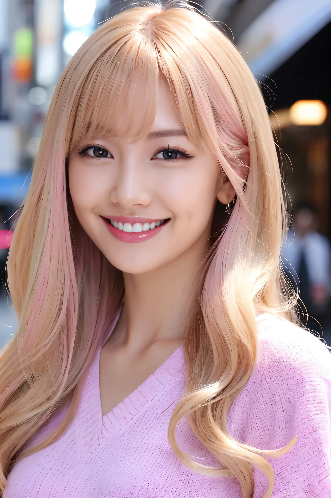 (Tabletop、highest quality、8k、Award-winning works、Ultra-high resolution)、One beautiful woman、(The perfect and most natural long sleeve fluffy V-neck knit:1.2)、(Pink blonde hair:1.2)、Bright color contacts、Perfect Makeup、Bright and shiny lipstick、(Very heavy makeup:1.1)、(Pink eyeshadow:1.1)、Heavy makeup around the eyes、(Face close-up:1.2)、Very long wavy hair、The best smile you ever had when you saw me、(Accentuate your body lines:1.1)、(Strongly blurred vibrant Harajuku street background:1.1)、(Strongly blurred background:1.1)、Accurate anatomy、Ultra HD Hair、(Ultra-high resolutionの完璧な美しい歯:1.1)、Ultra-high definition beauty face、Ultra HD Hair、Ultra-high definition sparkling eyes、輝くUltra-high resolutionの美肌、Ultra-high resolutionの艶やかな唇
