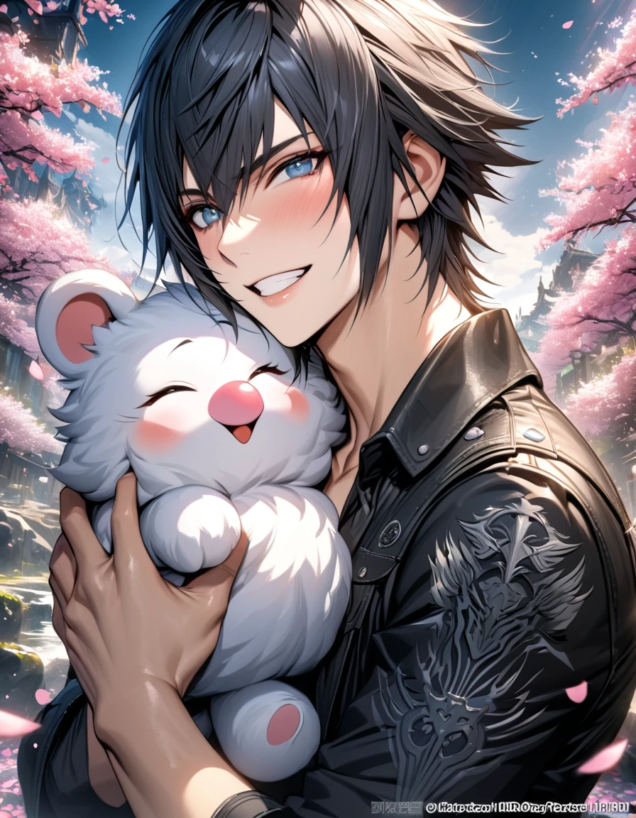absurdres, highres, ultra detailed, HDR, masterpiece, extremely detailed face and eyes, extremely detailed features, Noctis Lucis Caelum, final fantasy xv, solo, sexy man, handsome, black jacket, gray shirt, blossoms, pink petals, pink flower, happy, holding a cute white fluffy moogle