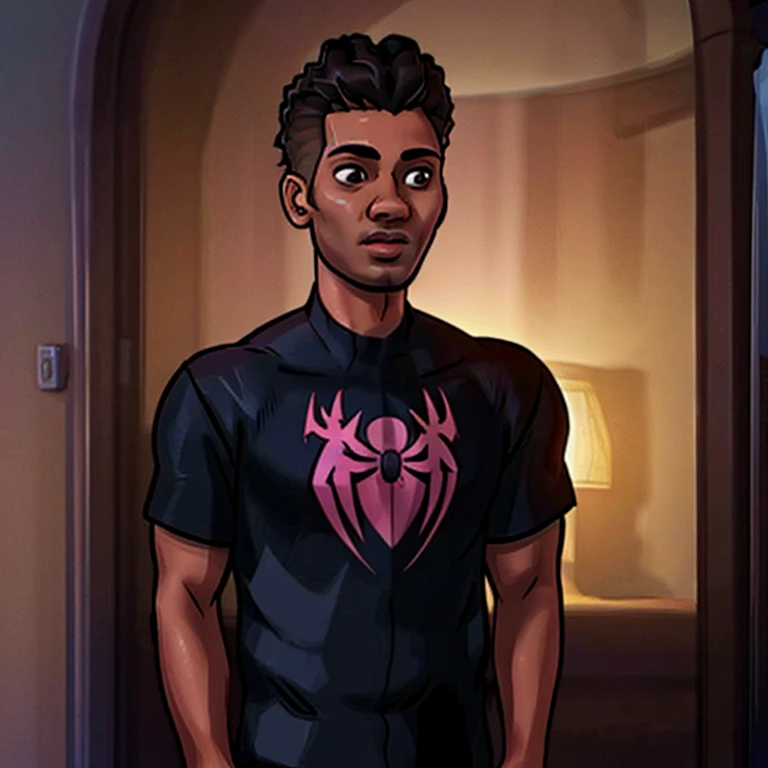 (obra de arte, melhor qualidade:1.2), Ultra HD, obra de arte, Anatomicamente Correto, super detalhe, detalhes altos, alta qualidade, melhor qualidade, high resolution, 1080P. Miles Morales is an Afro-Latino ager who has short black hair, olhos castanhos, e pele de azeitona. (((Ele usa uma fantasia preta de Homem-Aranha))), yes and confidence on your face. he is alone, sem nenhum outro personagem do Aranhaverso. The image is in comic book style, com linhas grossas, vibrant colors and distortion effects. (((cara deitalada))), Ultra HD, obra de arte, preciso, super detalhe, detalhes altos, alta qualidade, melhor qualidade, high resolution, 4K, (((cinematic lighting))).