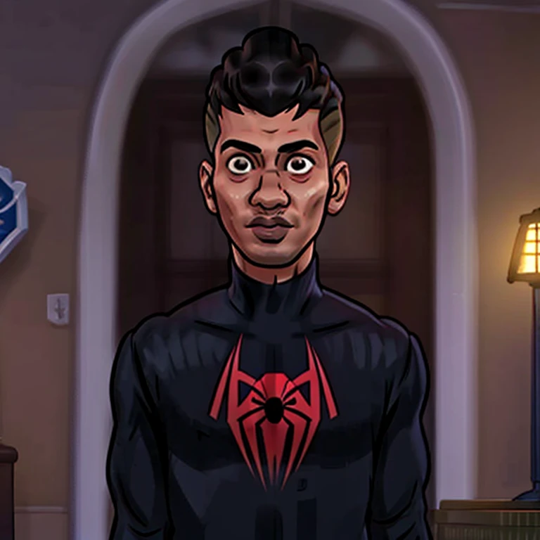 (obra de arte, melhor qualidade:1.2), Ultra HD, obra de arte, Anatomicamente Correto, super detalhe, detalhes altos, alta qualidade, melhor qualidade, high resolution, 1080P. Miles Morales is an Afro-Latino teenager who has short black hair, olhos castanhos, e pele de azeitona. (((Ele usa uma fantasia preta de Homem-Aranha))), yes and confidence on your face. he is alone, sem nenhum outro personagem do Aranhaverso. The image is in comic book style, com linhas grossas, vibrant colors and distortion effects. (((cara deitalada))), Ultra HD, obra de arte, preciso, super detalhe, detalhes altos, alta qualidade, melhor qualidade, high resolution, 4K, (((cinematic lighting))).