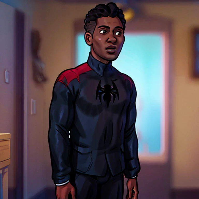 (obra de arte, melhor qualidade:1.2), Ultra HD, obra de arte, Anatomicamente Correto, super detalhe, detalhes altos, alta qualidade, melhor qualidade, high resolution, 1080P. Miles Morales is an Afro-Latino ager who has short black hair, olhos castanhos, e pele de azeitona. (((Ele usa uma fantasia preta de Homem-Aranha))), yes and confidence on your face. he is alone, sem nenhum outro personagem do Aranhaverso. The image is in comic book style, com linhas grossas, vibrant colors and distortion effects. (((cara deitalada))), Ultra HD, obra de arte, preciso, super detalhe, detalhes altos, alta qualidade, melhor qualidade, high resolution, 4K, (((cinematic lighting))).