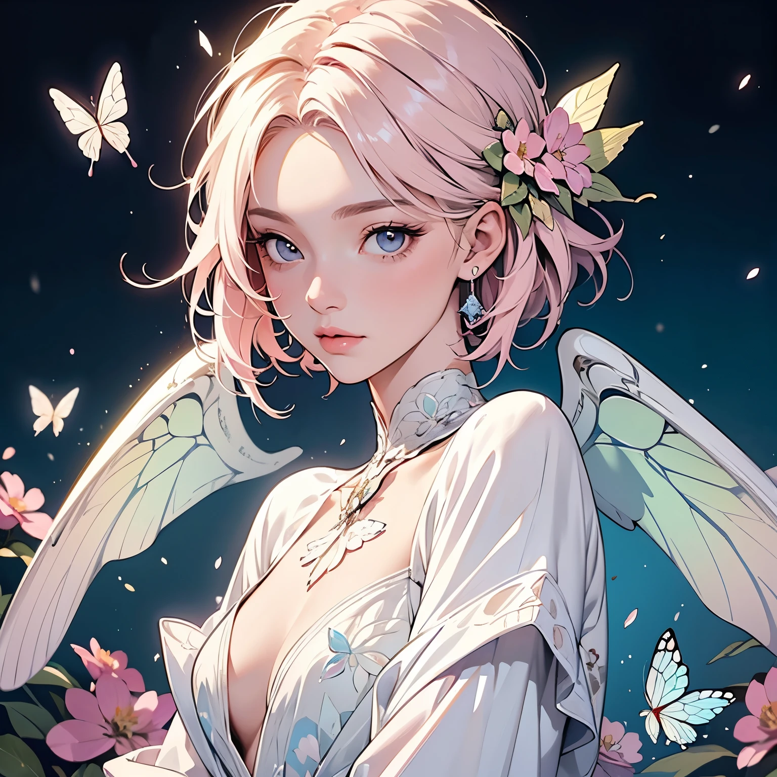 One woman, Very detailed , elegant , Light and vibrant colors , Lots of white butterflies , moonlight , Upper Body , 女god , Beauty , Big Rainbow , A lonely look , Pink short hair , Long sleeve clothes , Less exposed skin , Small breasts , Large butterfly wings growing , Lots of flowers , god々Shining light