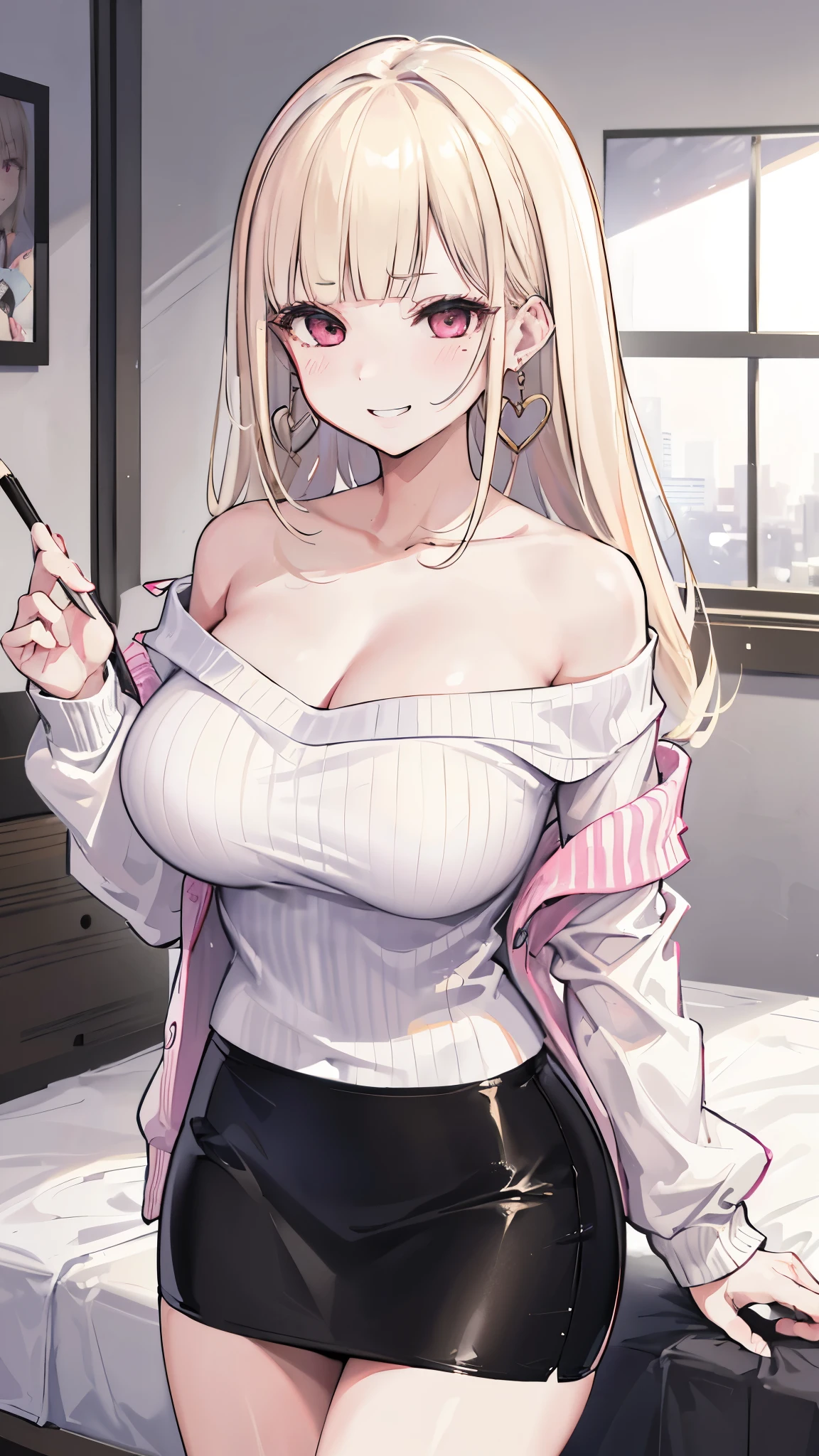 (8K、Highest image quality、highest quality、masterpiece)、detailed face、 1 girl、nakamura misaki (nanae), light blonde hair, blunt bangs, long hair, pink eyes, heart shaped earrings, mole under eye、evil smile、((grin))、big breasts、((white sweater))、((off shoulder))、strapless、cleavage、((black pencil skirt))、cowboy shot、bedroom background