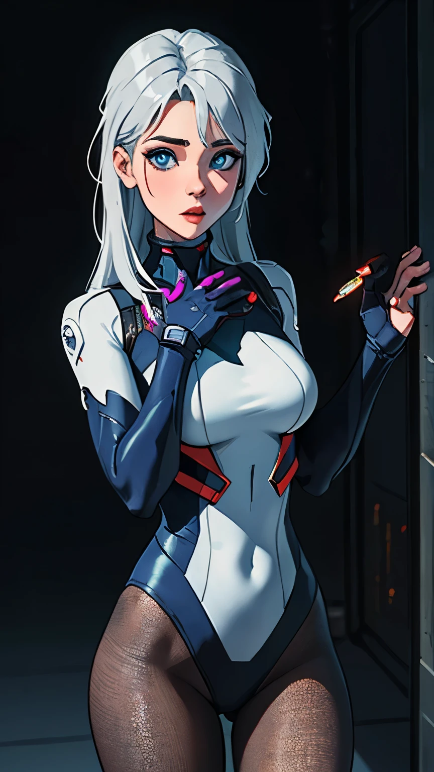 (((Young White Woman))), ((Best Quality)), ((Masterpiece)), (Detail: 1.4), 3D, A Beautiful Cyberpunk Woman with Simon Bisley-style micro thong, Genesis evangelion neon style clothing, 2-piece clothing, Long silver hair, arm tatoo, cybernetic hands, pastel, Centered, scale to fit the dimensions, nffsw (High dynamic range),Ray tracing,NVIDIA RTX,Hyper-Resolution,Unreal 5,Subsurface Dispersion, PBR Texture, Post-processing, Anisotropy Filtering, depth of fields, Maximum clarity and sharpness, Multilayer textures, Albedo and specular maps, Surface Shading, accurate simulation of light and material interactions, Perfect proportions, Octane Render, Two-tone lighting, Wide aperture, Low ISO, White Balance, thirds rule, 8K Raw, Crysisnanosuit,loraeyes,nijistyle,pantyhose,Blue eyes