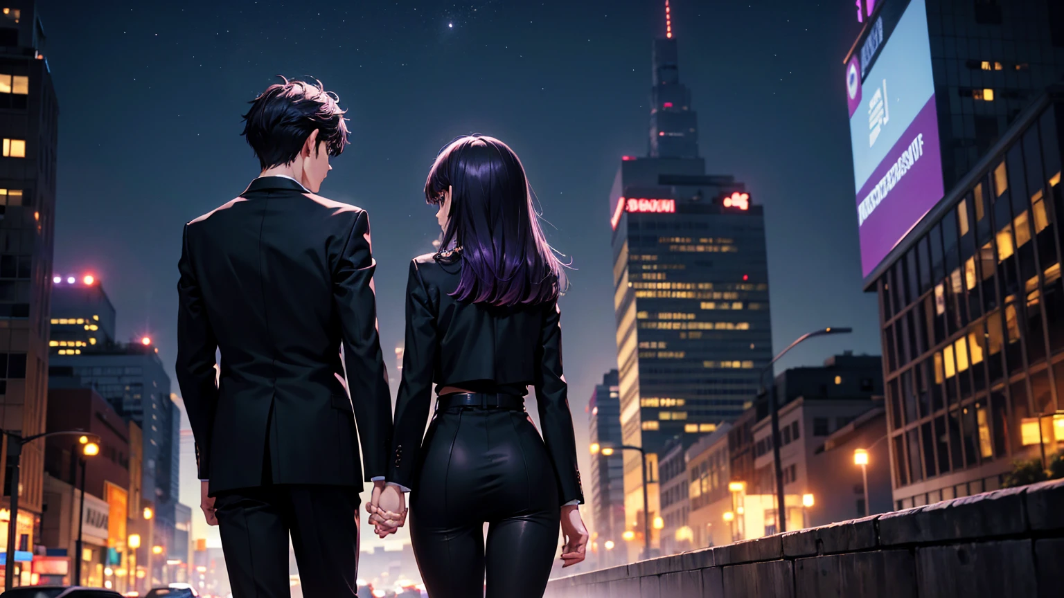 1boy 1girl holding hand, short purple hair boy, long black hair girl, brown eyes, wearing all black suit together, city, absurdres, high res, ultrasharp, 8K, masterpiece, from the back, midnight, lights