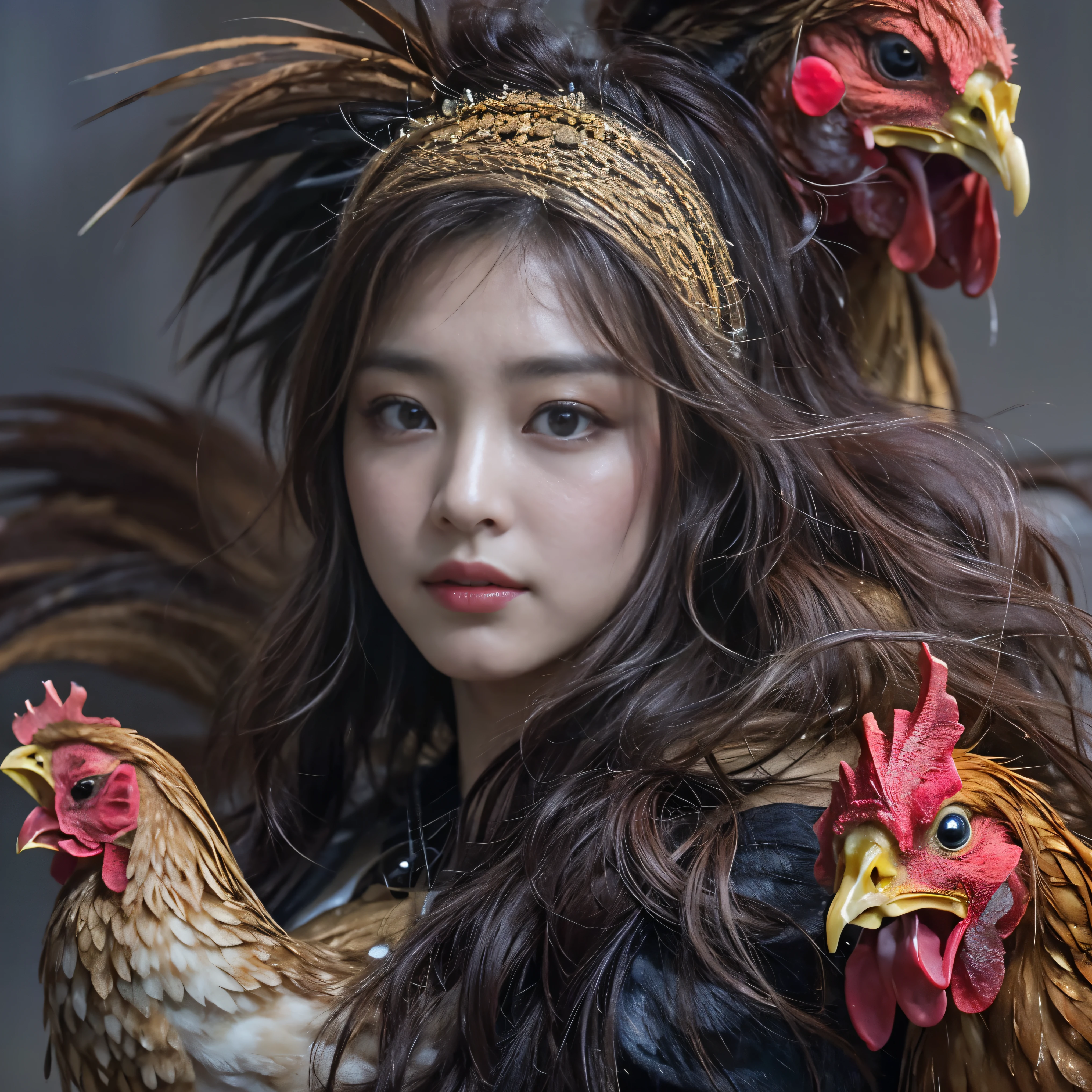 (highest quality、Super detailed、Real:1.37)、(professional、Bright colors)、(Dark fantasy)、((Human-faced chicken:1.5))、(Human-chicken hybrid creature)、(Apparition)、(The face of a young and extremely beautiful woman:1.4)、(Beautiful detailed eyes、Beautiful detailed lips、Highly detailed eyes and face)、(Dark Night Road、Dimly lit road)、(media: oil)、(Fine feather detail、Captivating colorysterious atmosphere)、(Studio Lighting)