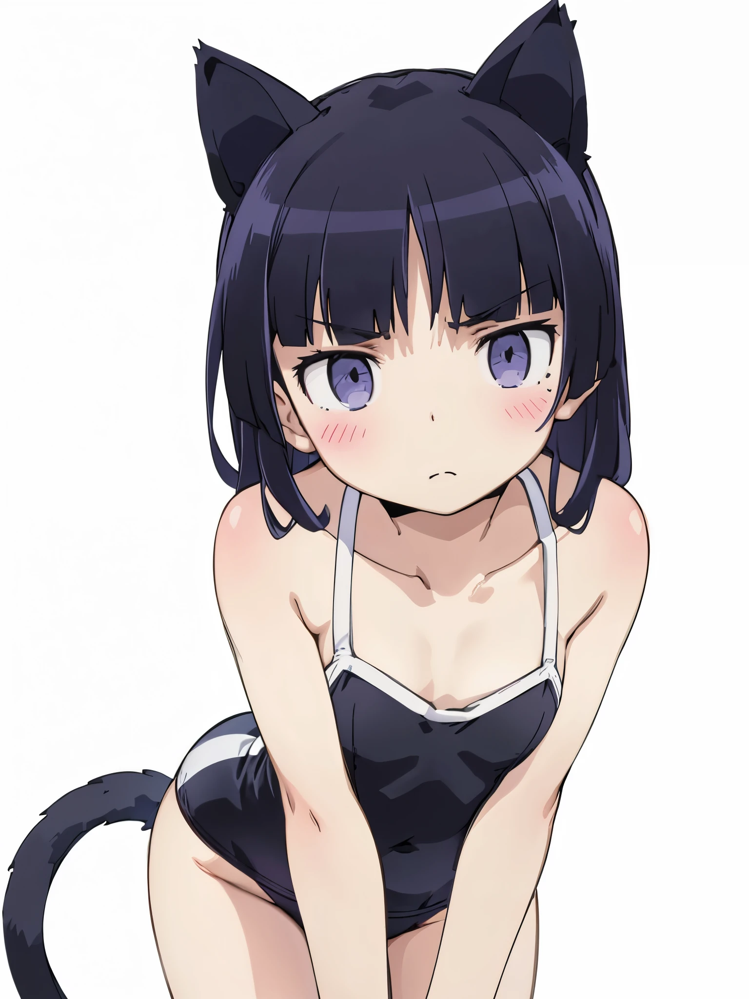 leaning forward, white background, Cat ear, Black Swimsuit, contrappost, covering chest by hands, blush, furious,