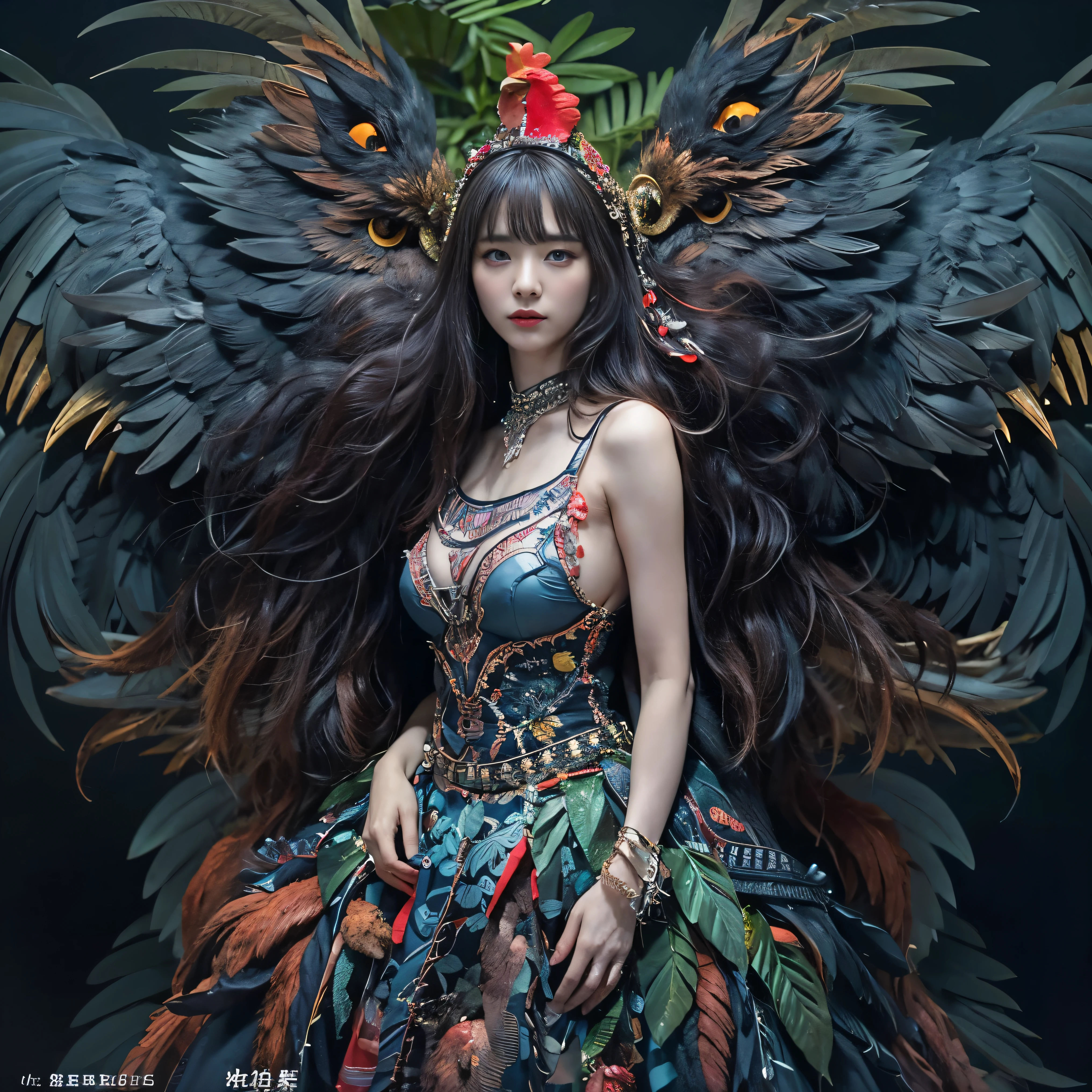 (highest quality、Super detailed、Real:1.37)、(professional、Bright colors)、(Dark fantasy)、((Human-faced chicken:1.5))、（Human-chicken hybrid creature)、(Apparition)、(The face of a young and extremely beautiful woman:1.4)、(Beautiful detailed eyes、Beautiful detailed lips、Highly detailed eyes and face)、(Dark Night Road、Dimly lit road)、(media: oil)、(Fine feather detail、Captivating colorysterious atmosphere)、(Studio Lighting)