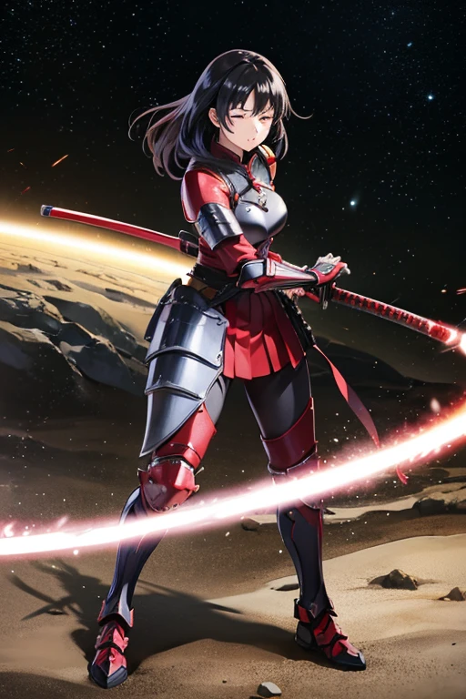 Anime Art,Full body portrait、Space SF Armored Warrior、A woman around 46 years old, around 170cm tall, wearing red armor, striking a iaido stance、Both eyes closed、Long black hair、gloves、Arm guard、Leggers