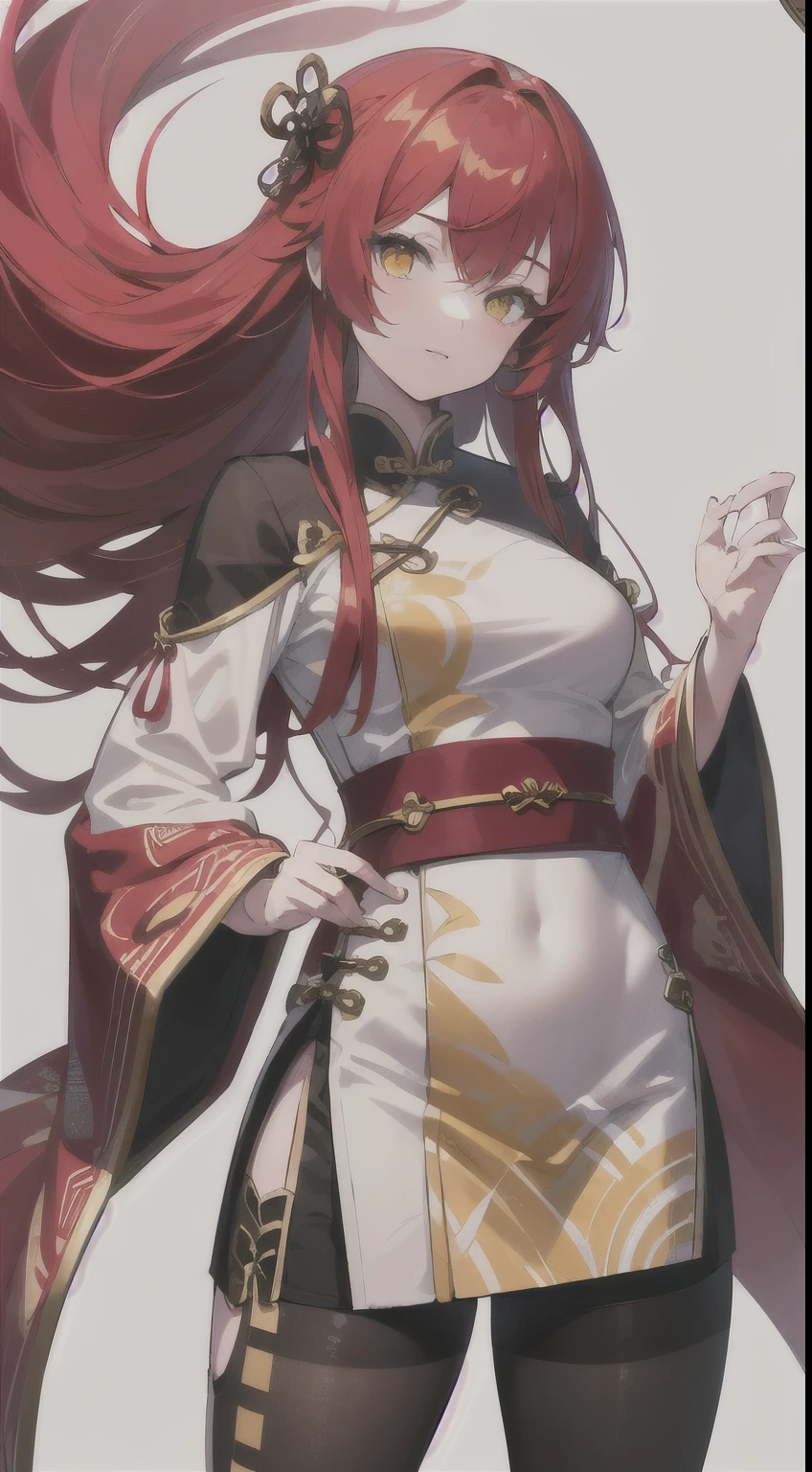 Young girl, long red hair, yellow eyes, white and red Chinese dress, tight dress, tight sleeves, tights, shorts, Chinese sword, masterpiece, high quality