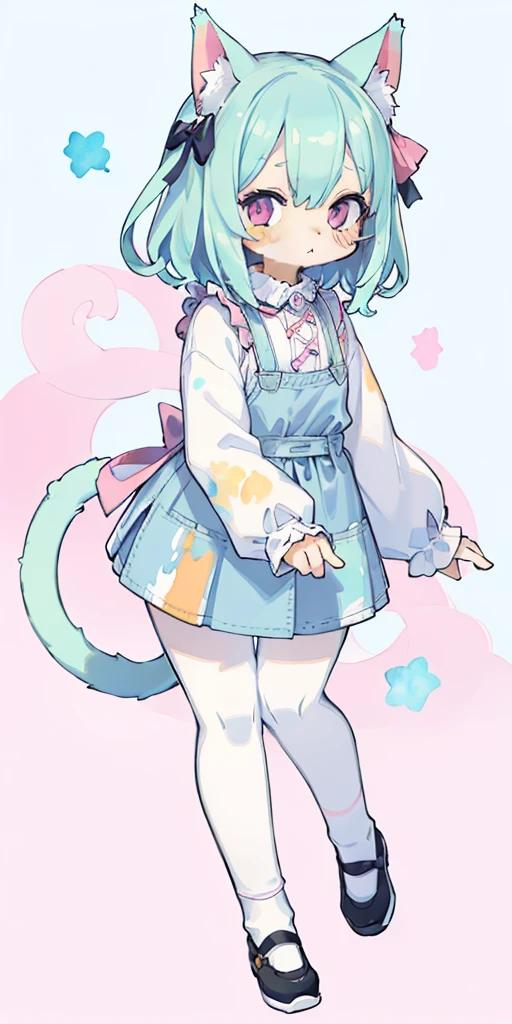 cat, full body, 1 girl, (pastel color: 1.5), (cute illustration: 1.5), (watercolor: 1.2), white background background,