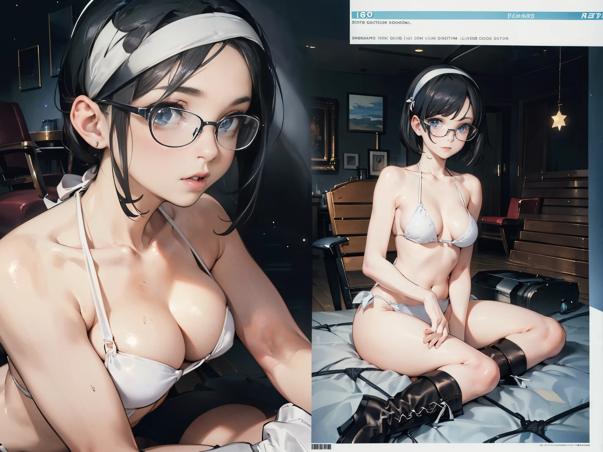 (maximum resolution: 1.2), (ultra high definition:1.2), cinema light, 8K resolution, fine eyes and skin, detailed face, perfect style, cute face, Accurate, anatomically correct, Highly detailed face and skin texture, beautiful and meticulous droopy eyes, , (black hair:1.5), bob hair, parted bangs, blue eyes, (white hairband:1.5), glasses, (patternless white bikini net swimsuit:1.5), (boots:1.5), sitting sexy pose, (by the universe:1.5)