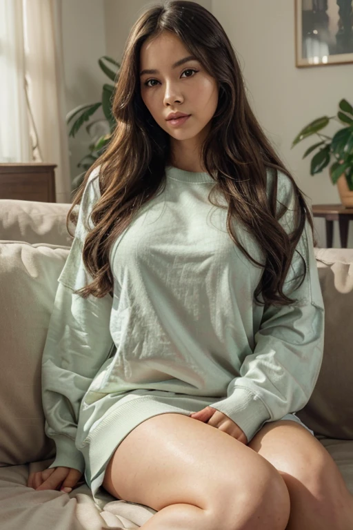 (best quality,4k,8k:1.2),ultra-detailed,(realistic,photorealistic,photo-realistic:1.37) portait ,beautiful face , yuong woman, ,in her living room , on the sofa and a sweatshirt, best quality , solo , shadows , contrast, cinematic light , side lighting , utra high revolution , best shadow , RAW , 4k , 85mm, , full body ,long wavy hair,beautiful detailed eyes,beautiful detailed lips,