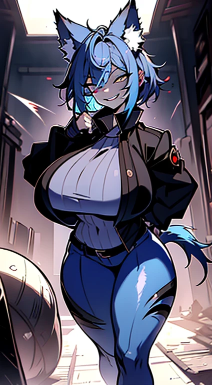 1girl, short_rebellious_hairblue_hair, hair tips to the side, blue_eyes, scary_eyes, short_hair, hair just blue,Big_smile , Evil smile_sharp_wild teeth, White_skin, Glowing eyes, looking_at_vi ewer, holding, shirt, pant, animal_ears, blue_ ears, wolf_woman, blue_tail, body_perfect, Milf_body, female_body_muscular sexy, big_breasts, scar_on_thighs, scar_on_the abdomen,vampire slayer_outfit, outfit Black and White