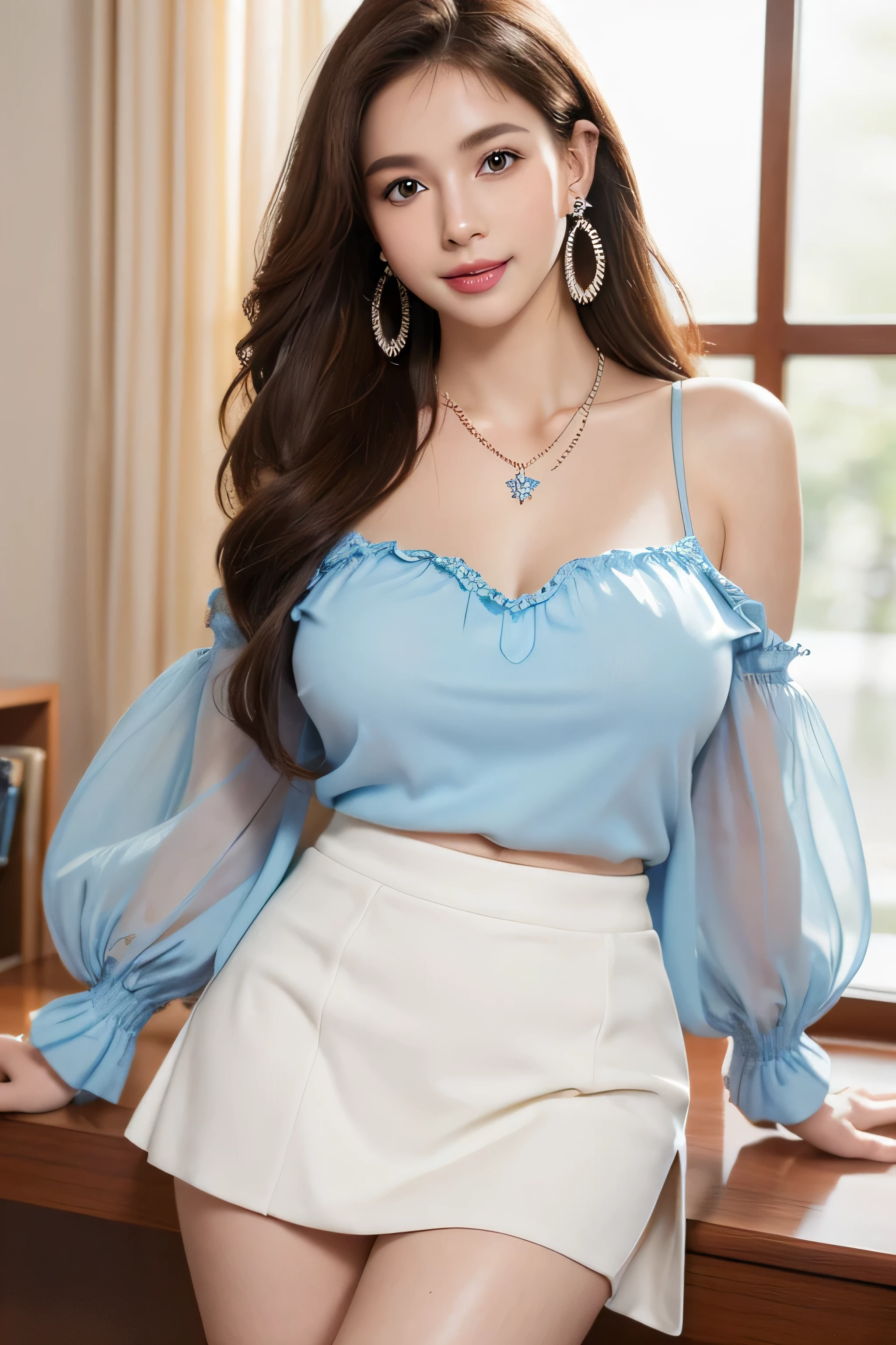 Ultra-high resolution, Better Quality, photo shoot, 4K, (Realistic:1.4) Freckle portrait photography , Big breasts super long brown hair, brown eyes,Wearing frilled white shirt_long see-through sleeves、blue flared mini skirt,shy smile,((Gorgeous necklace_Large earrings:1.2)),Clasp your arms in front of your chest、in the stylish office at night
