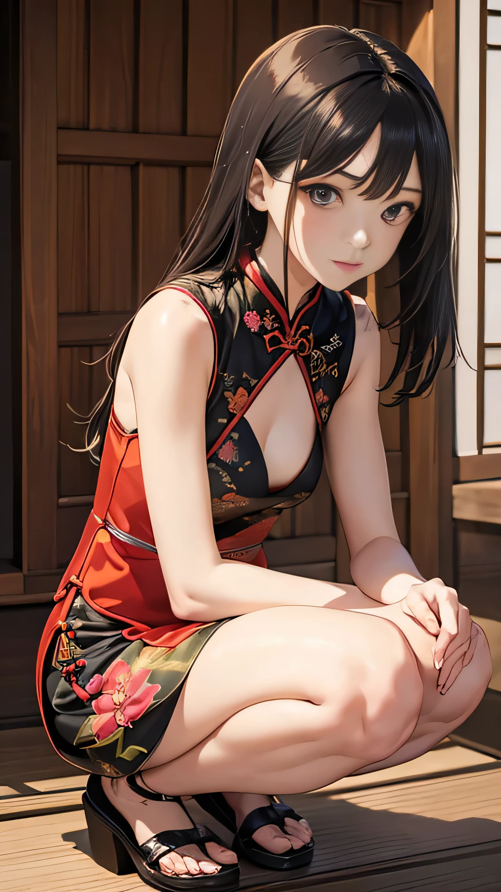 a sexy woman, (best quality), (masterpiece), (1 Girl), Slim, Japanese cartoons, High, (flat chest), (cheongsam), (portrait), (Semi-squat)
