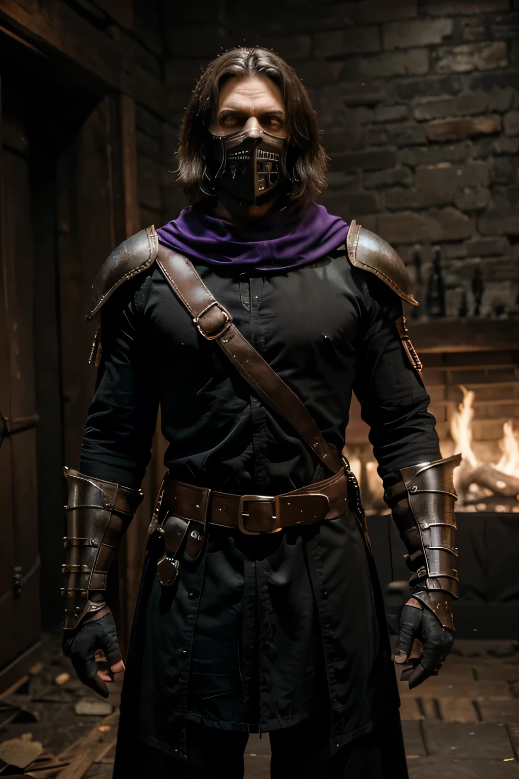 looks like a tall and strongly built man with a muscular build. His face is like that of a dead man, his skin is blue and his eyes burn with yellow fire. He wears an iron mask to hide his gruesome appearance from people. His Inquisition armour is a dark purple tone, and on his belt hangs a sword and shield. Despite his scary appearance, Jack Midnight is a brave and good-natured inquisitor who strives to control his bloodlust and find his love.